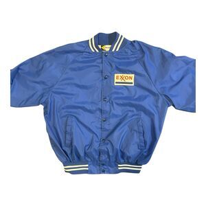 Vintage  Exxon Blue Satin Snap Lightweight Jacket K-Brand Made in USA Medium